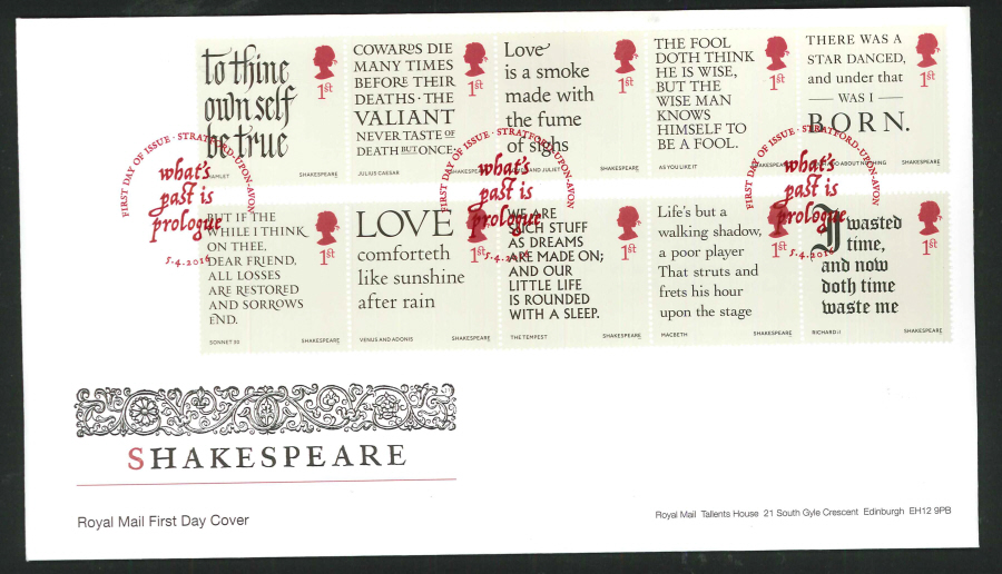 2016 - Shakespeare First Day Cover - First Day of Issue Stratford upon Avon Postmark